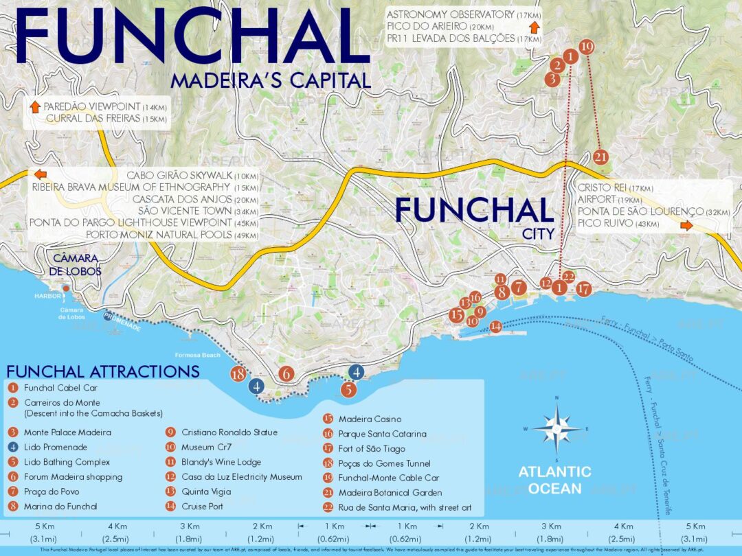 Cette carte de Funchal met en évidence certaines des principales attractions et comprend des indications sur les distances par rapport aux principales attractions de l'île.