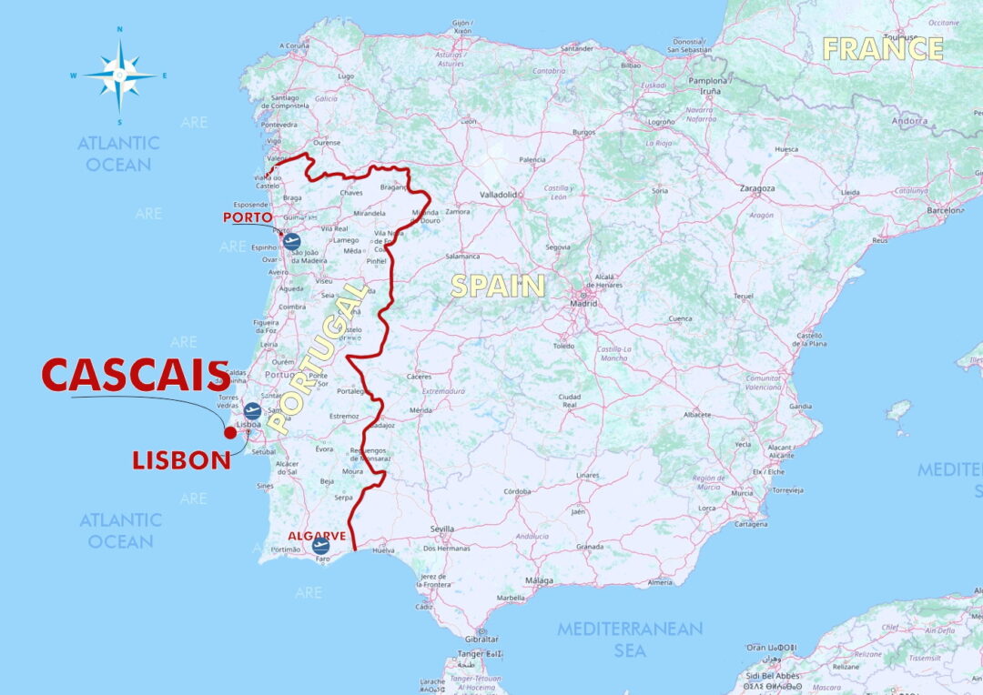 Carte de la péninsule ibérique avec localisation de Cascais