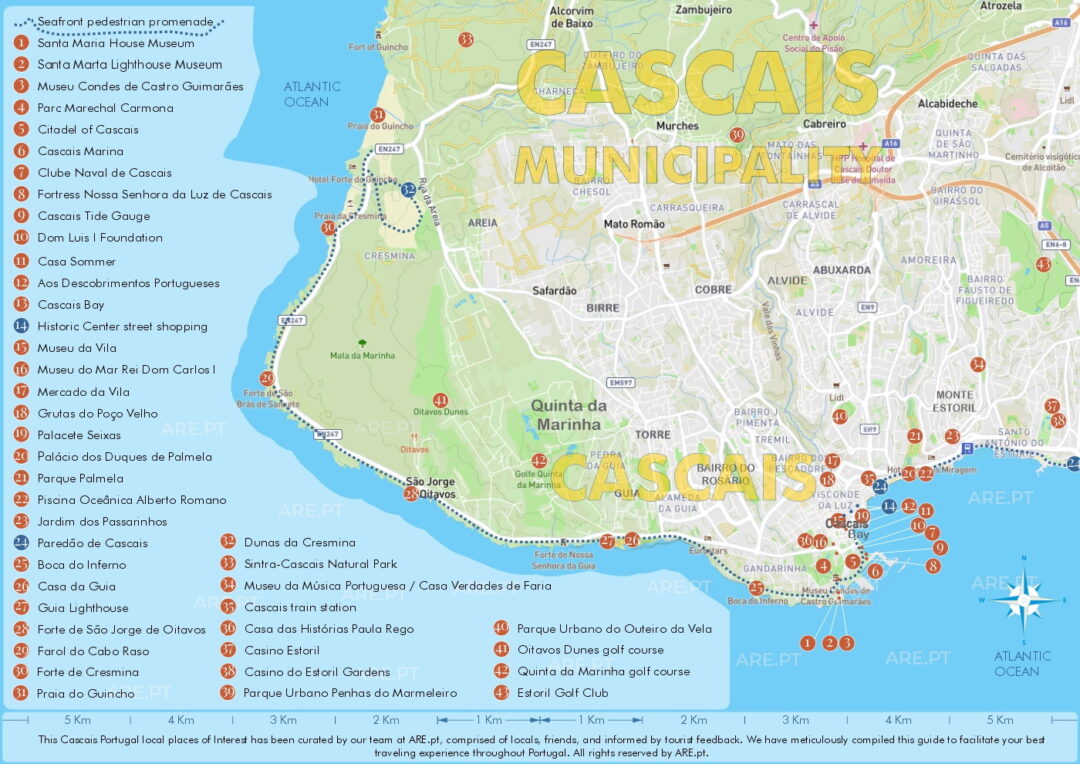 Carte de Cascais avec les principaux quartiers résidentiels, quelques points d'intérêt et les promenades en bord de mer