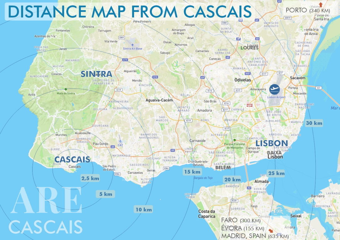 Carte du Grand Lisbonne avec les distances depuis Cascais