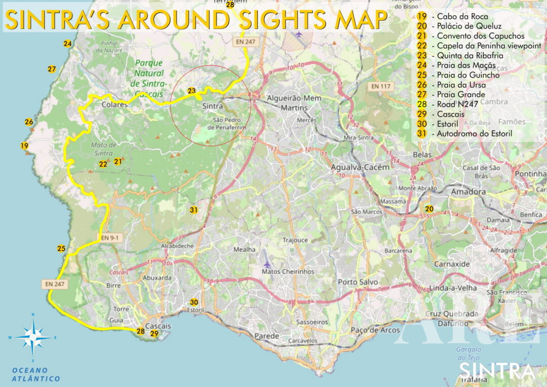 Les alentours de SintraCette carte présente un circuit d'une journée complète autour de Sintra, mettant en avant des sites tels que le Cabo da Roca, le point le plus à l'ouest de l'Europe continentale, ainsi que d'autres attractions telles que des palais, des couvents, des points de vue, des plages et des villes importantes. Si vous souhaitez explorer le cœur de Sintra, consultez la carte fournie qui se concentre sur le centre historique de Sintra.