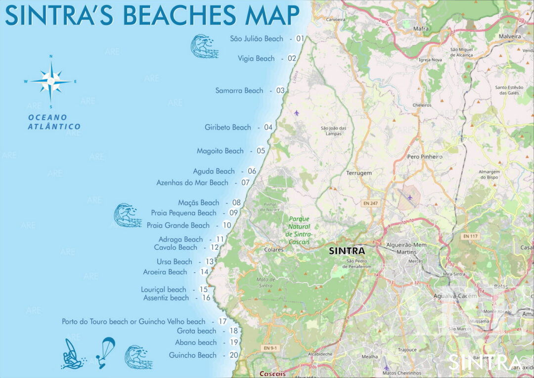 Carte présentant les plages de Sintra, disposées du nord au sud.