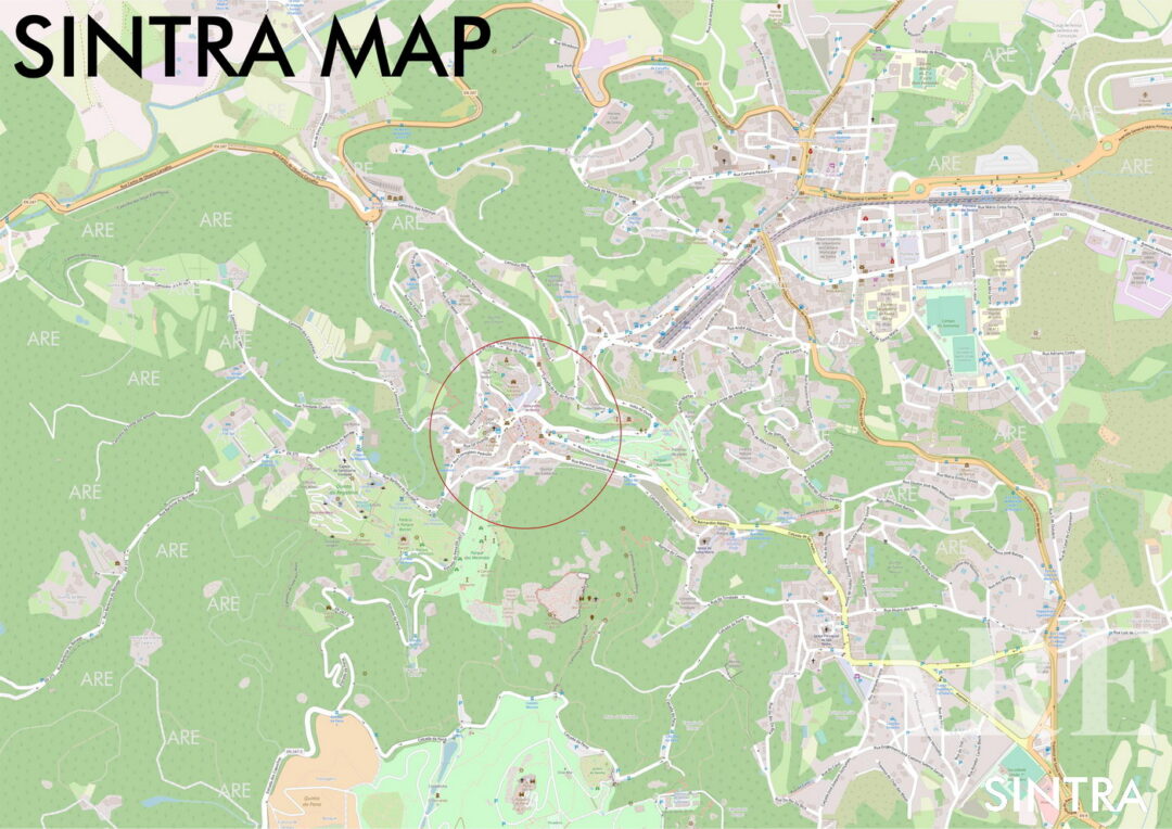 Carte de Sintra détaillant les noms des rues, avec un accent sur le centre-ville.