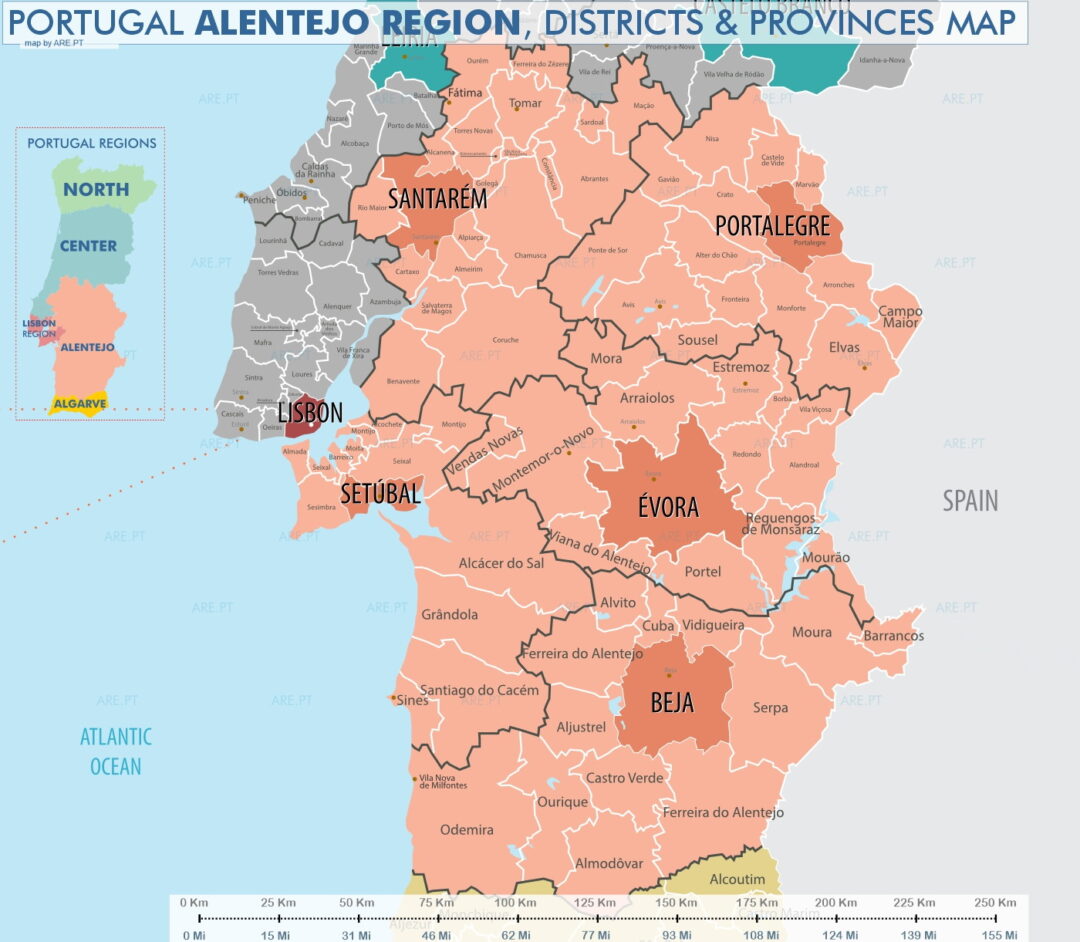 La région de l'Alentejo au Portugal est composée des districts d'Evora, Beja et Portalegre.