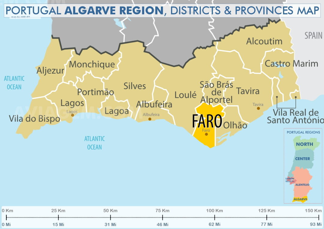 L'Algarve est la région sud du Portugal composée uniquement du district de Faro, composée de 16 communes, avec 472 000 habitants en 2022.