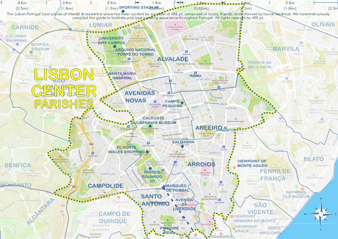 Carte du centre de Lisbonne avec les paroisses de Santo António, où se trouve l'Avenida da Liberdade, Arroios, Campolide, Avenidas Novas, Areeiro et Alvalade.