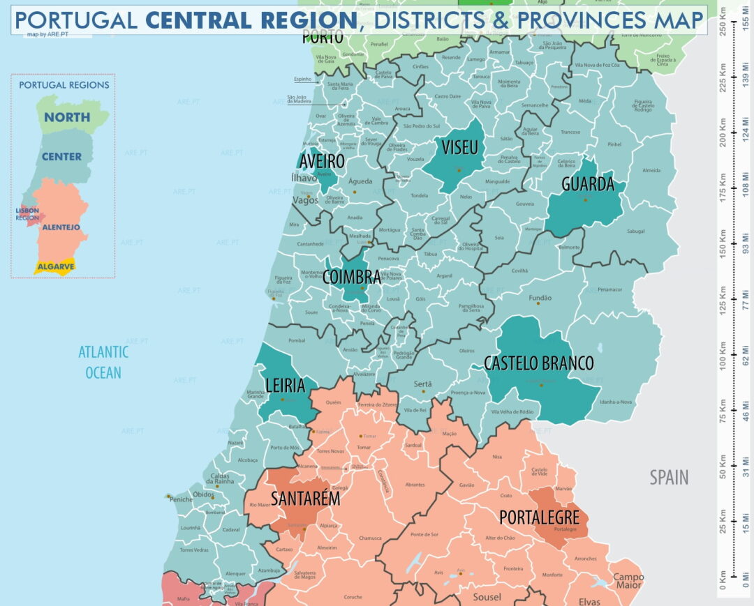 La région centrale du Portugal est composée des districts d'Aveiro, Viseu, Guarda, Coimbra, Leiria et Castelo Branco.