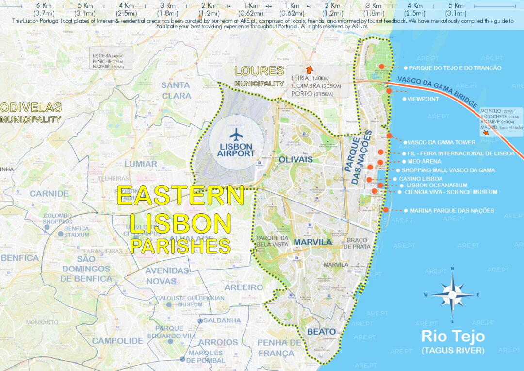 Carte de Lisbonne orientale avec les paroisses d'Olivais, qui abrite l'aéroport principal de Lisbonne, et le Parque das Nações.