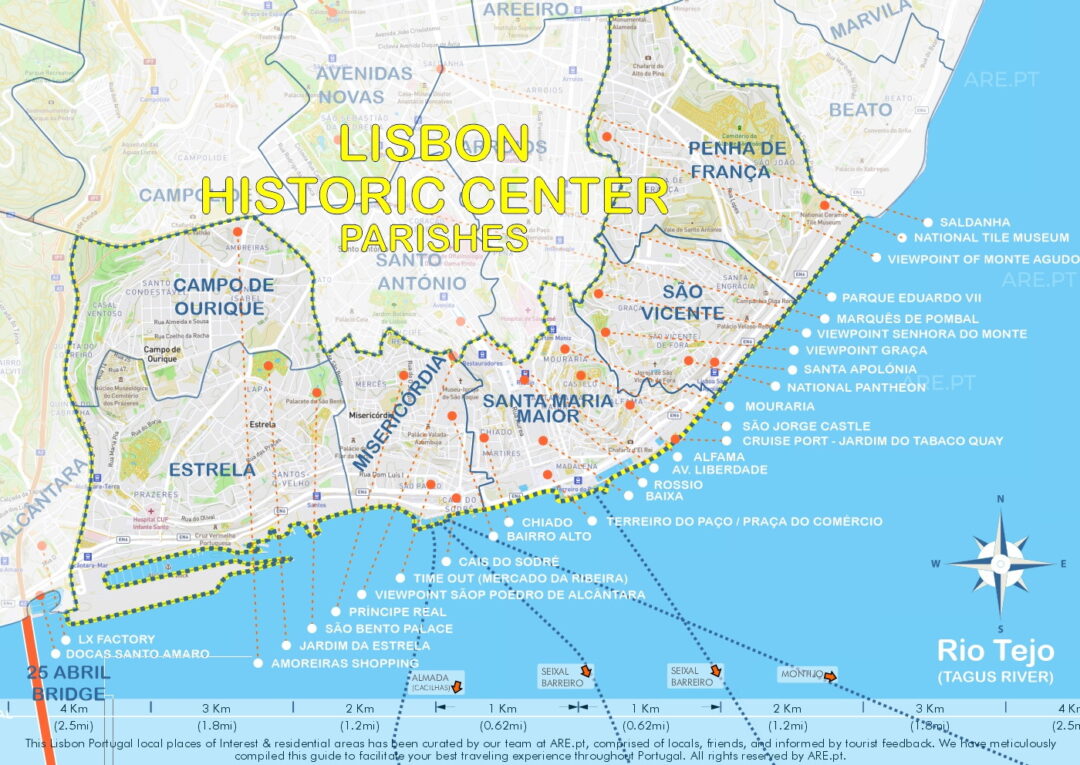 Carte du Centre Historique de Lisbonne avec les paroisses d'Estrela, Campo de Ourique, Misericordia, Santa Maria Maior, São Vicente et Penha de França.