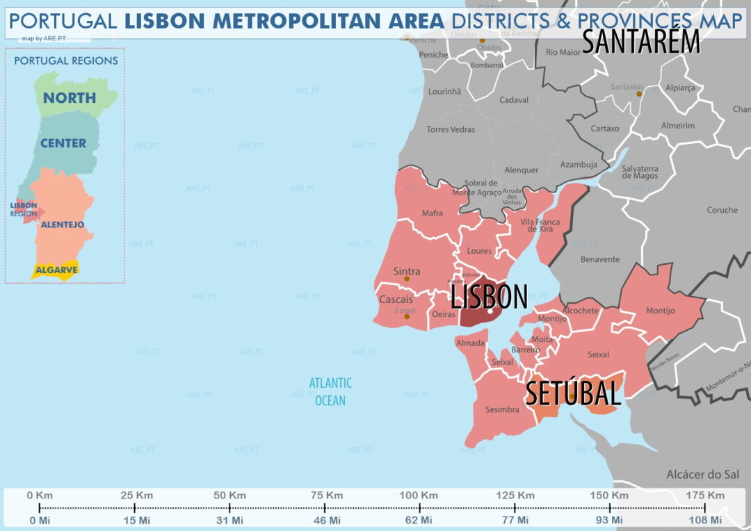 La région de Lisbonne est connue sous le nom de zone métropolitaine de Lisbonne. Elle est composée de deux sous-régions, le Grand Lisbonne et la péninsule de Setúbal.