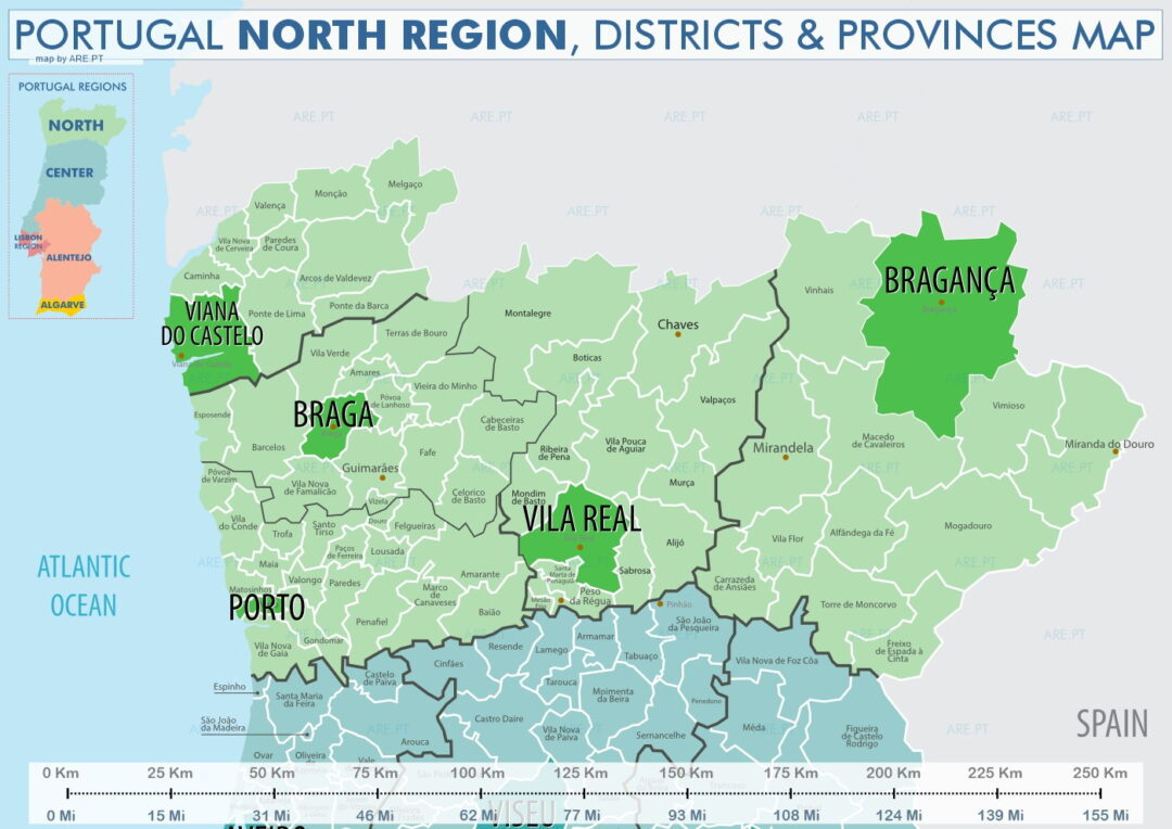 La région nord du Portugal est composée des districts de Porto, Braga, Viana do Castelo, Vila Real et Bragança.