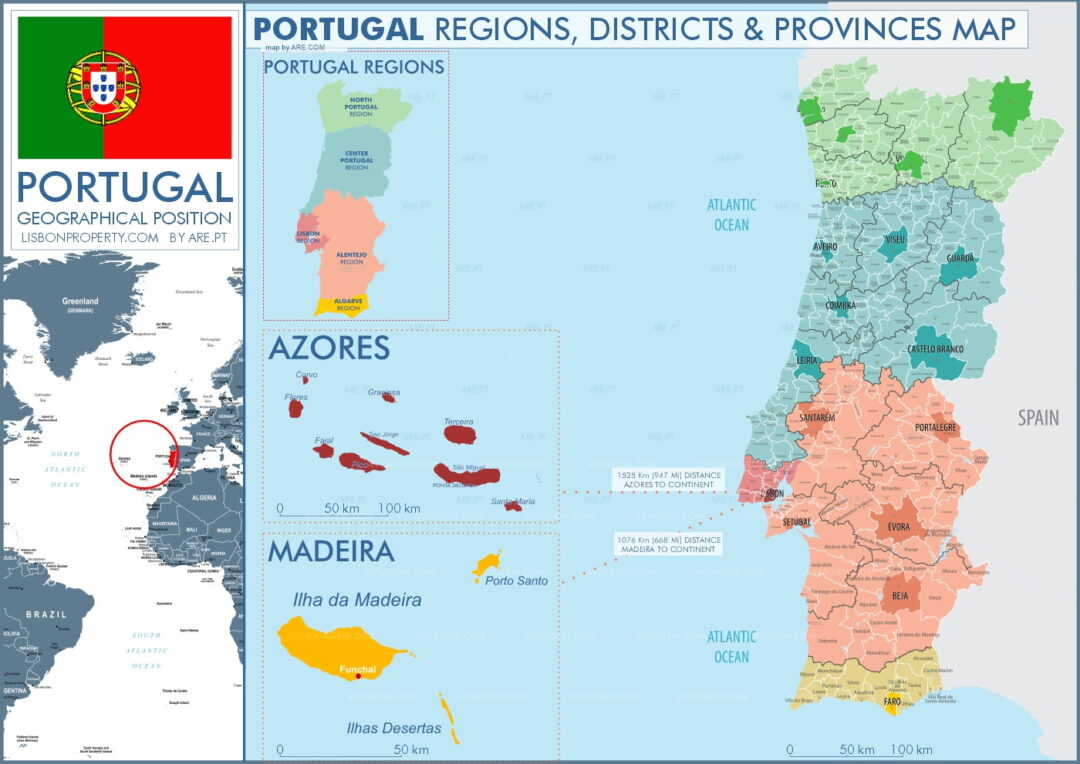 Carte du Portugal complète avec les 5 régions : Nord du Portugal, Centre du Portugal, Grand Lisbonne, Alentejo et Algarve au sud du Portugal, districts de chaque région, communes de chaque district, chefs-lieux de district marqués en couleur forte et distances jusqu'à archipels de Madère et des Açores.