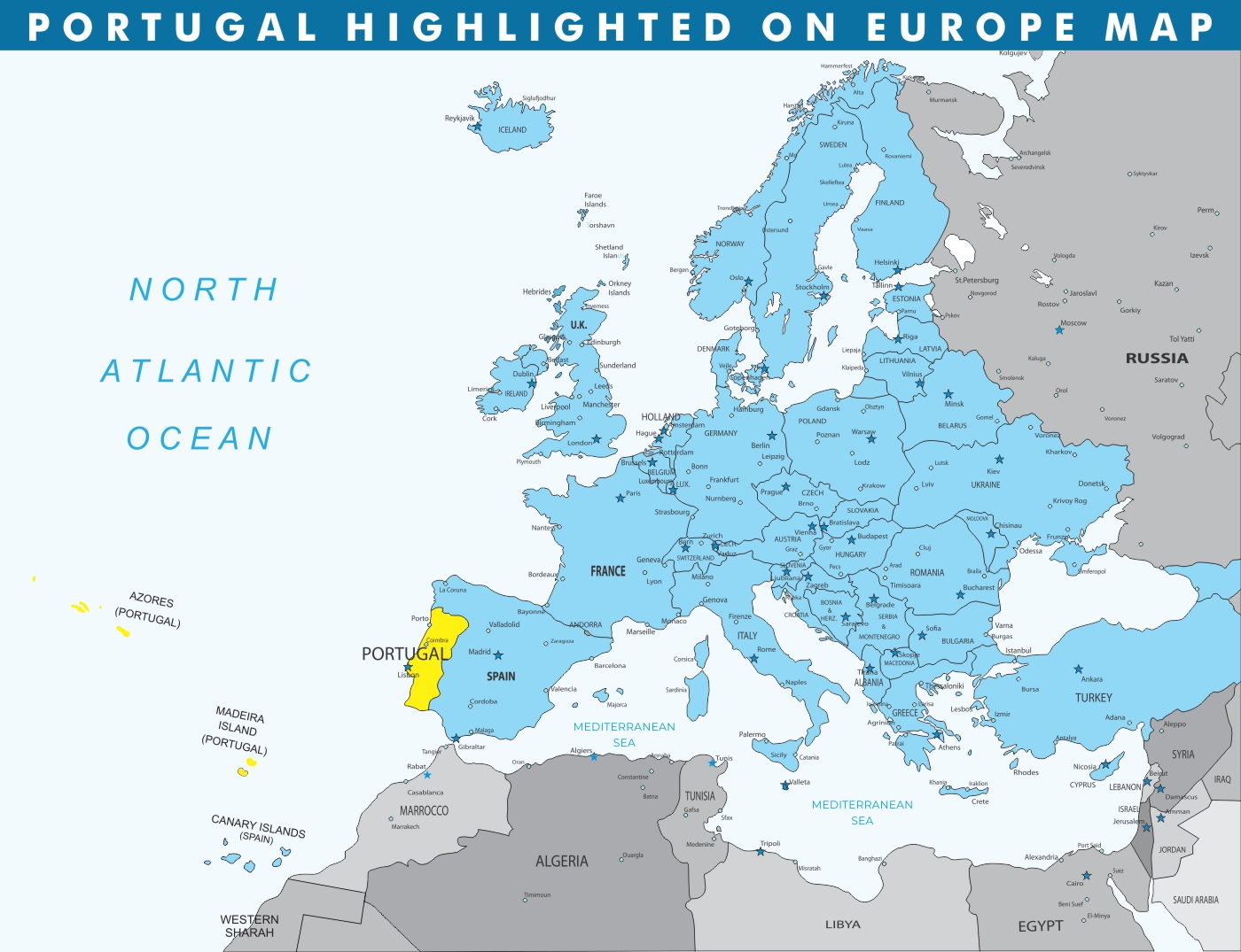 Portugal destacado en el mapa de Europa