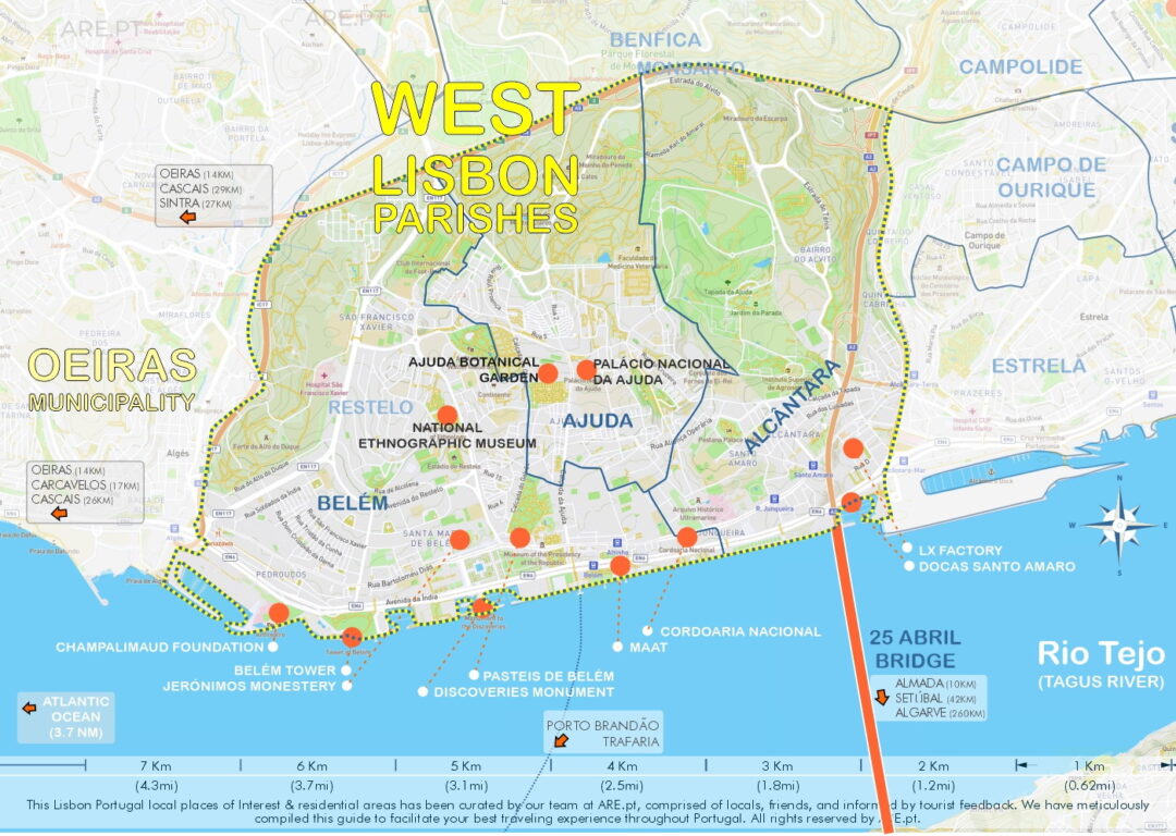 Carte de la zone ouest de Lisbonne avec Belem, Ajuda et Alcantara.